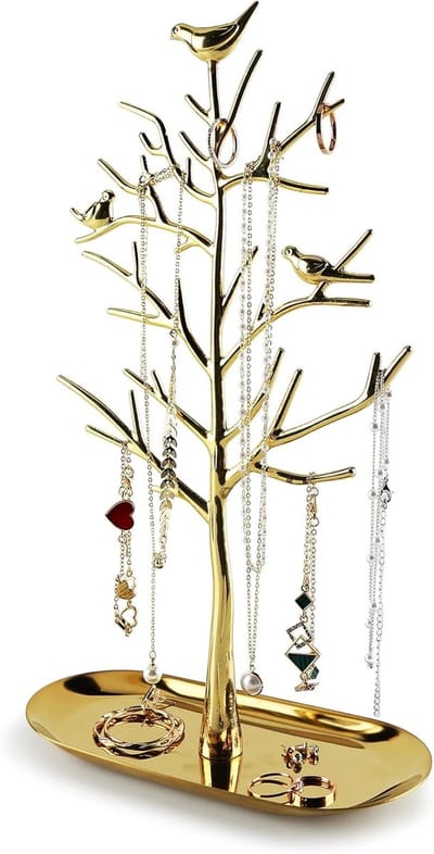 Sieradenhouder met metalen schaal, luxe kleur, boomvormige standaard voor ringen, oorbellen, kettingen en armbanden, ideaal voor woonkamer, badkamer en kantoor.