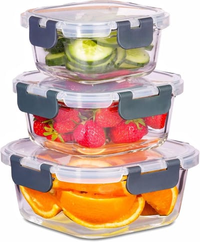 PromoHome Glazen Stapelbare Vierkante Maaltijdcontainers Set van 3 - Luchtdichte Lekbestendige BPA-Vrije Vershoudbakjes voor Magnetron, Oven en Vaatwasser (800ml, 520ml, 320ml)