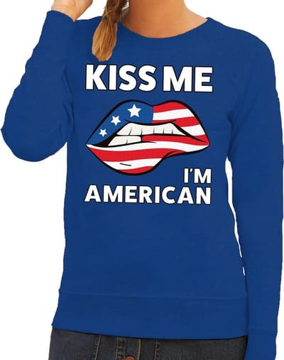 Kiss me I am American sweater blauw dames - feest trui dames - USA kleding XS