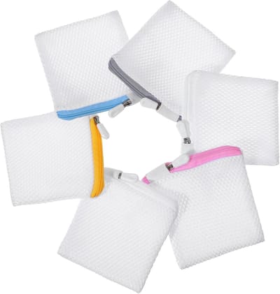 Set van 6 kleine wasnetten met ritssluiting voor fijnwasgoed, ondergoed en sokken - 10 x 10 cm met honingraatstructuur