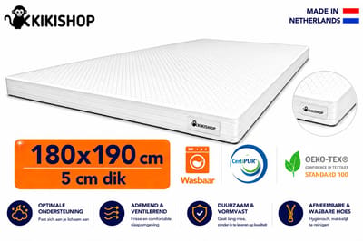 Kikishop Topdekmatras 180x190 – 5 cm HR Koudschuim – Afritsbaar & Wasbaar – CertiPUR® Gecertificeerd – Medium Hardheid – Comfort Matrastopper