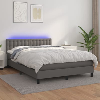 vidaXL - Boxspring - met - matras - en - LED - kunstleer - grijs - 140x190 - cm