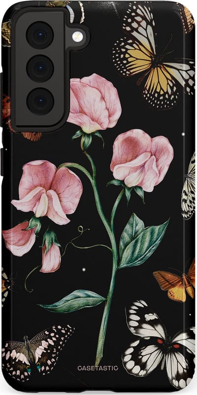 Casetastic hoesje geschikt voor Samsung Galaxy S21 FE 5G - Dubbellaagse bescherming - Vleugels en bloemen - Fashion Case - Zwart Grijs Taupe