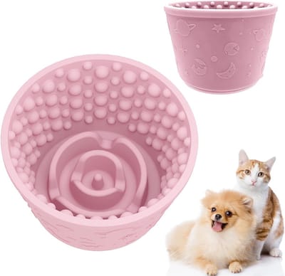 Anti-schrokbak voor kleine honden - Siliconen voerbak in tonvorm - Gemakkelijk schoon te maken - Voorkomt maagklachten - Geschikt voor honden tot 100° - Vaatwasserbestendig - Roze/paars