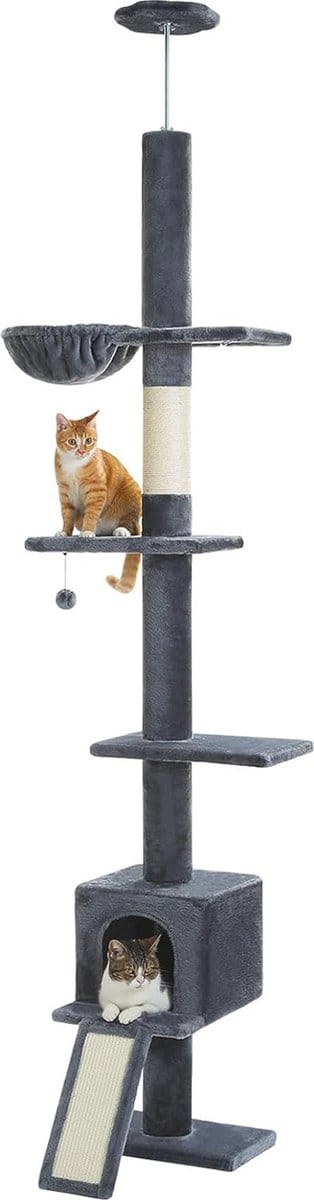 Kattenu FlowerTower - Hoge Plafond Krabpaal - Verstelbaar van 210-274 cm - Donkergrijs - Inclusief Hangmat en Kattenhuis