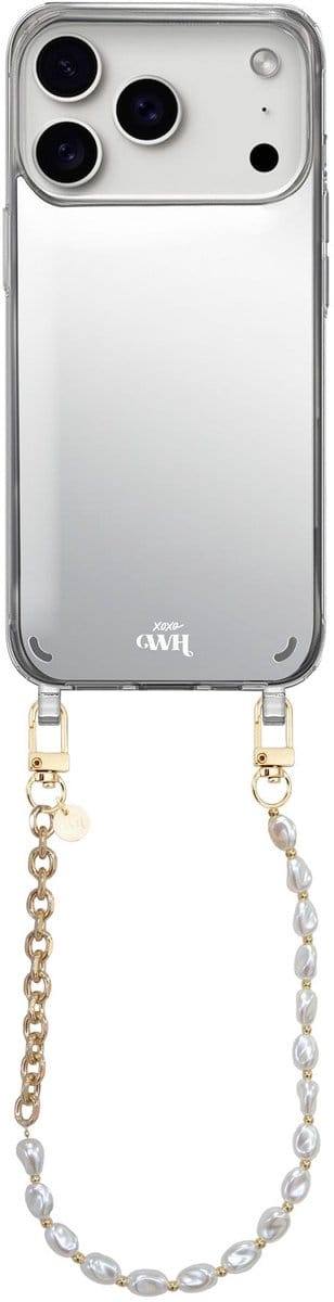 xoxo Wildhearts hoesje met spiegel geschikt voor iPhone 17 Pro Max case - Over The Moon Mirror Case - Kort koord - Siliconen telefoonhoesje met spiegel - Schokbestendig - Parelketting met gouden schakels