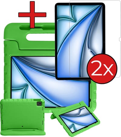 Hoesje - Geschikt voor Apple iPad Air (2024/2025/2026) - 13 inch - Met 2x Screenprotector - Kinderhoes - Shockproof Bumper - Kidsproof Case - Tablethoes - Kinder Hoes Cover - Groen