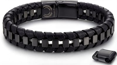 Armband Heren Leer Zwart – Mauro Vinci® Bari Leren Heren Armband met Magnetische Sluiting – Verstelbare Schakelarmband 19.5 cm tot 21 cm – Stoere Mannen Armband – Inclusief Luxe Geschenkverpakking