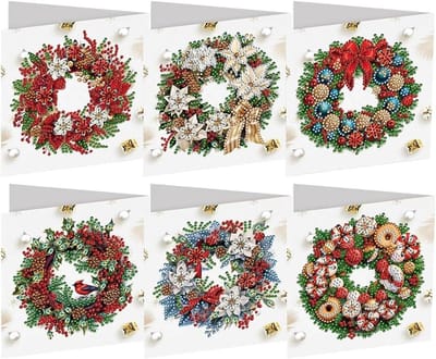 Diamant Schilderij Wenskaarten - DIY Kaarten Mozaïek - Creatief Hobby - Strass Diamant Kunst - 6 stuks - Kerst Krans