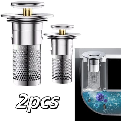 2 stuks Roestvrijstalen vloerafvoerfilter - Pop-up ontwerp - Wastafelstop - Afvoerstop - 6*3*8 cm - Universele wastafelstop, geschikt voor afvoergaten van 32-40 mm, geschikt voor wastafel- en badkuipafvoeren - Zilver