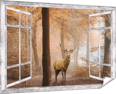 Gards Tuinposter Doorkijk Hert in het Bos - Herfst - 180x120 cm - Tuindoek - Tuindecoratie - Wanddecoratie buiten - Tuinschilderij