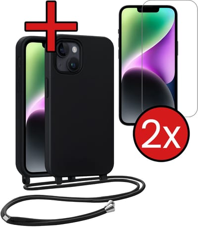 Hoesje Geschikt voor iPhone 13 Mini Hoesje Siliconen Case Met Koord Met 2x Screenprotector - Hoes Geschikt voor iPhone 13 Mini Hoesje Backcover Met Telefoonkoord - Zwart