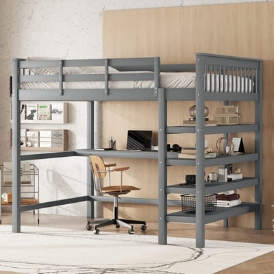 MEUNIQ hoogslaper 140 x 200 cm met bureau en opbergrekken, kinderhoogslaper van hout en MDF, grijs voor slaapkamer of kinderkamer