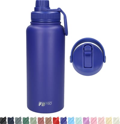 Thermos drinkfles 1 liter met extra dop - Isolerende Waterfles met draaibare drinktuit - Voor zowel warme als koude dranken! - Drinkfles 1L voor volwassenen met handvat - Afgewerkt met Poedercoating - Blauw