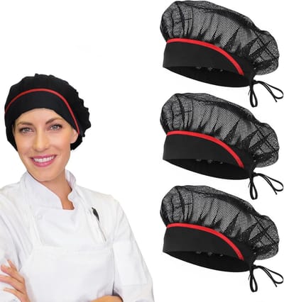 Set van 3 zwarte elastische chef-koksmutsen voor vrouwen, verstelbaar en wasbaar, met ademend mesh materiaal voor comfortabel gebruik in de keuken