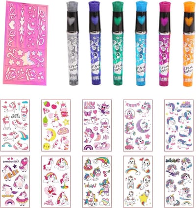Kleurige tattoo stiften en highlighters met hartvlinder kleurkaart en 10 cartoon tattoo stickers voor feestjes en creatieve DIY graffiti make-up voor mannen en vrouwen