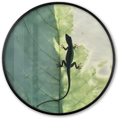 Poster in lijst Rond - Fotolijst 60x60 cm - Posters - Hagedis - Blad - Nerven - Groen - Ronde posterlijst zwart - Decoratie - Wanddecoratie woonkamer - Muurdecoratie slaapkamer