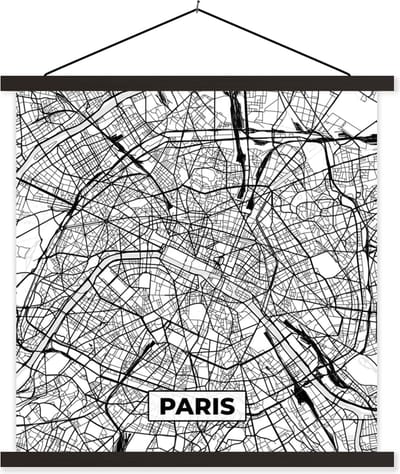 Posterhanger incl. Poster 60x60 cm - Schoolplaat - Parijs - Frankrijk - Plattegrond - Paris - Stadskaart - Kaart - Zwart wit - Textielposter - Zwarte latten - Stadskaart