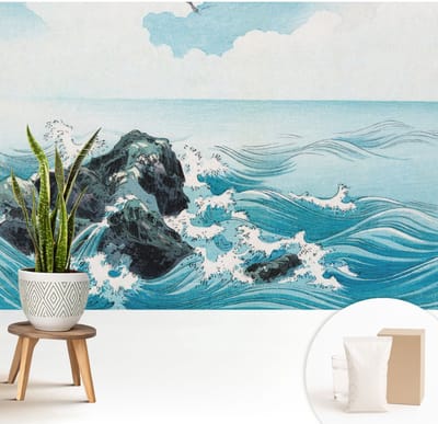 Wallfluent Behang - Zeegezicht Vliesbehang - 208x146 cm - Blauw Behang - Voor liefhebbers van maritieme landschappen en kunst - Behang Voor de woonkamer, voor het kantoor, voor de slaapkamer - Behangrol Landschappen