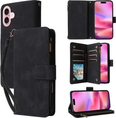 Portemonnee - Etui Tas Hoes geschikt voor iPhone 16 - Met Schouder - Draagkoord - Zwart