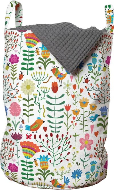 New Bed, Etnische Lentebloemen Opbergmand kinderkamer met Deksel, Speelgoedmand kinderen met Handvatten en Koordsluiting - Speelgoedkist- Wasmand voor kinderkamer of Wasruimte - Wasbox - 33 x 48 cm