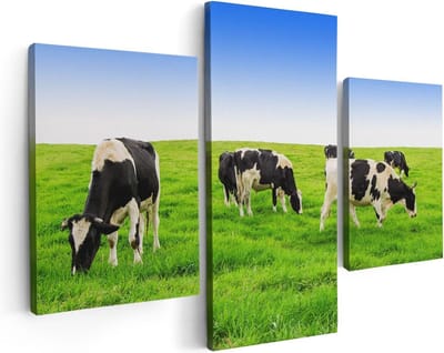 Artaza Canvas Schilderij Drieluik Kudde Koeien In De Wei - Hemel Blauwe Lucht - 90x60 - Foto Op Canvas - Canvas Print