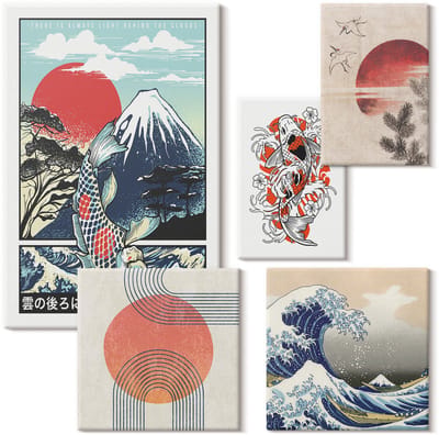 Wallfluent Set van canvas schilderijen - Japanse kunstgolfmotieven en traditionele patronen Canvas Schilderijen Set - Set van 5 Canvas Schilderijen - Beige Set van Canvas Prints - Deel Canvas Kunst Set - Boheemse Canvas Kunst Set