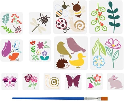 14-delige sjablonen set met bloemen en dieren, inclusief penseel - ideaal voor DIY kunst en knutselen, schilderen op hout en decoratie