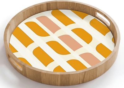 Dienblad rond 40x40 cm - Schootdienblad hout - Geometrisch - Patroon - Geel - Roze - Borrelplank rechthoek - Plateau houten dienbladen