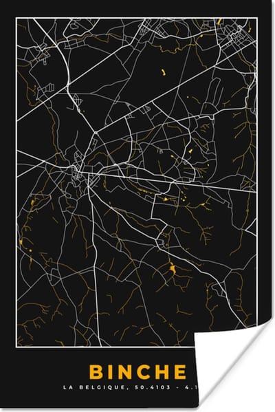 Poster Binche - Stadskaart - Kaart - Plattegrond - Gold - 120x180 cm XXL
