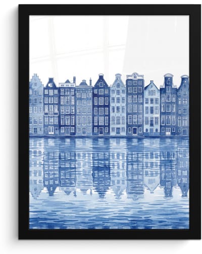 Poster in lijst - Fotolijst 30x40 cm - Posters - Aquarel - Grachtenpanden - Delfts - Blauw - Posterlijst zwart - Decoratie - Wanddecoratie woonkamer - Muurdecoratie slaapkamer