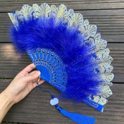 Allecto - Veer handwaaier - Vintage handventilator - Perfect voor bruiloften - Koningsblauw - Damesaccessoire - Ideaal voor feesten en dansen