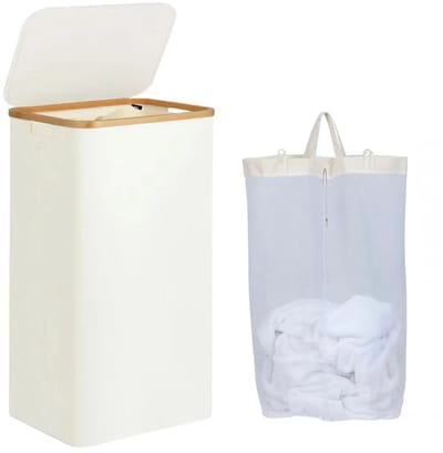 DIMICO - Wasmand 3 Vakken met Binnenzak - Wassorteerder - Wasmanden met Deksel - Beige - Geurbestendig - 100L - met Handgrepen
