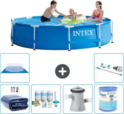 Intex Rond Frame Zwembad - 305 x 76 cm - Blauw - Inclusief Solarzeil - Onderhoudspakket - Zwembadfilterpomp - Filter - Grondzeil - Stofzuiger - 7-delig