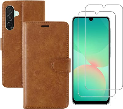 Hoesje geschikt voor Samsung Galaxy A26 bookcase Bruin - Met screenprotector tempered glass Galaxy A26 - 2x