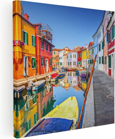 Artaza Canvas Schilderij Italië - 30x30 cm - Klein - Wanddecoratie Canal Burano - Muurdecoratie Kleurrijke Huizen - Kamer Accessoires Boot