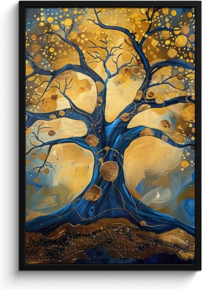 Poster in lijst - Fotolijst 60x90 cm - Posters - Boom - Levensboom - Blauw - Goud - Posterlijst zwart - Decoratie - Wanddecoratie woonkamer - Muurdecoratie slaapkamer