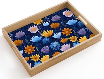 Dienblad hout 40x30 cm - Schootdienblad - Bloemen - Patroon - Blauw - Contrast - Borrelplank rechthoek - Plateau dienbladen