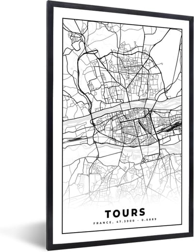 Fotolijst incl. Poster Zwart Wit- Stadskaart - Tours - Plattegrond - Kaart - Frankrijk - Zwart wit - 40x60 cm - Posterlijst