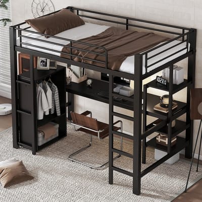 DESMIU Metalen Stapelbed 90x200cm – Stapelbed Met Bureau En Kledingkast – Opbergruimte En Ladder Met 5 Treden – Voor Jeugdkamer – Zwart – Zonder Matras