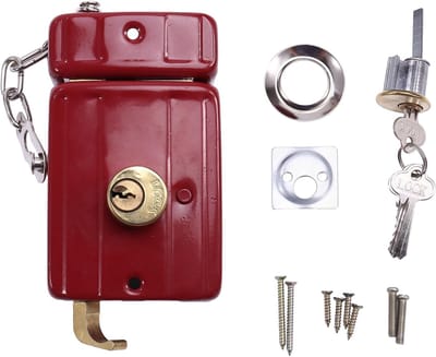 Gietijzeren Deurslot - Beveiligingsslot Buitendeur - Extra Beveiliging - Meerdere Verzekering - 14x8x6 cm - Rood
