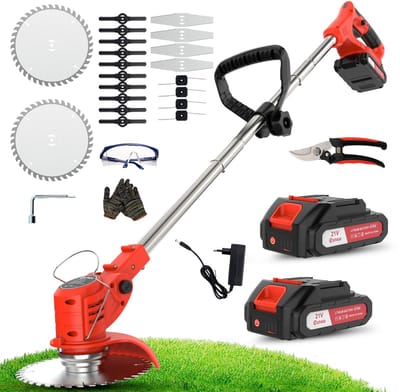 Accu grastrimmer met accu, gazonkantentrimmer met 2 accu's 21V en 4 mestypen + 1 tuinschaar, opvouwbare grasmaaier-Rood