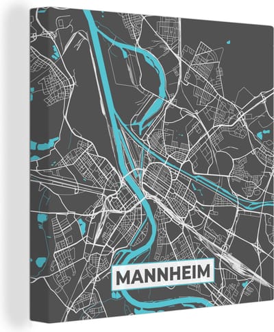 Canvas Schilderij Stadskaart – Plattegrond – Duitsland – Blauw – Mannheim – Kaart - 20x20 cm - Wanddecoratie