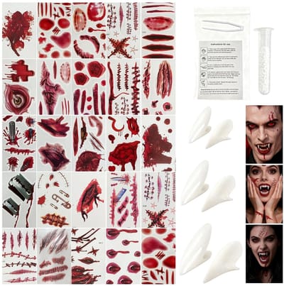 Dailygoods- Vampiertandenset met nepbloed - 20+ Wondenstickers - Speciale Lijm - Theaterschmink-effecten - Realistisch Letsel - Compleet voor Halloween - Horrorkostuum