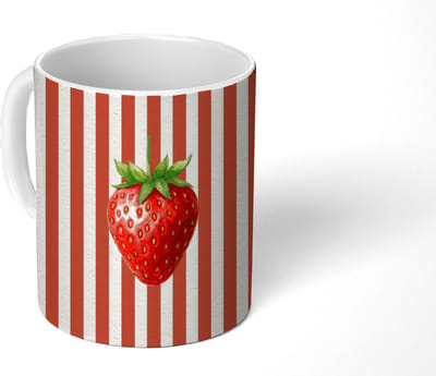 Mok - Koffiemok - Aardbei - Strepen - Rood - Mokken - 350 ML - Beker - Koffiemokken - Theemok