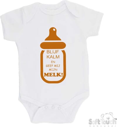 100% katoenen Romper "Blijf kalm en geef mij mijn MELK!" Unisex Katoen Wit/tan Maat 62/68