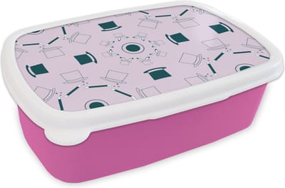 Broodtrommel Roze - Lunchbox - Brooddoos - Goochelaar - Patronen - Konijnen - 18x12x6 cm - Kinderen - Meisje
