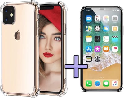 HB Hoesje Geschikt voor Apple iPhone 11 - Anti Shock Hybrid Back Cover / Glazen Screenprotector - Transparant