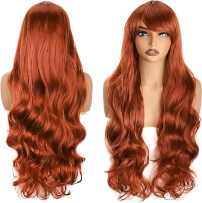 Lange golvende krullende pruik in bordeauxrood met bangs voor vrouwen, hittebestendig synthetisch haar voor feest, kostuum en Halloween