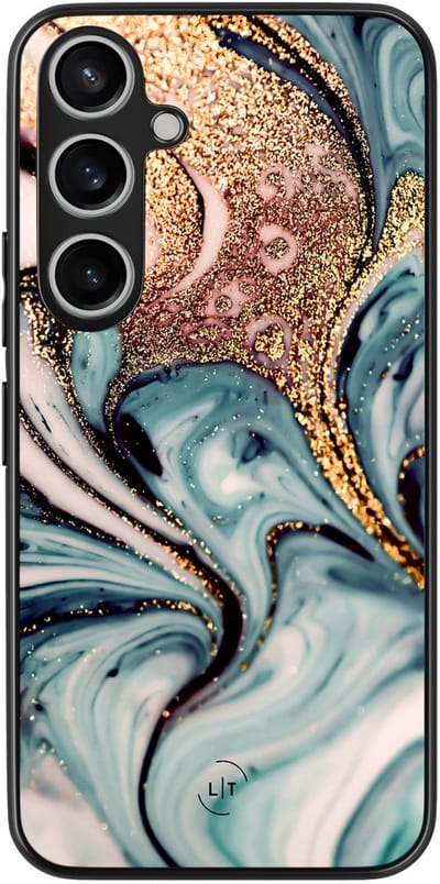 Leuke Telefoonhoesjes - Hoesje geschikt voor Samsung Galaxy A55 - Marmer blauw goud - Backcover zwart - Marmer - Blauw, Goud